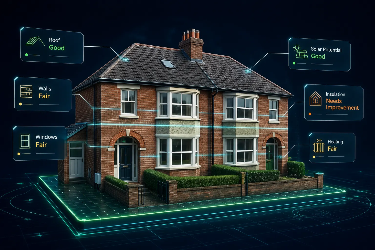Structured digital property profile of a UK brick home with labels for roof, walls, windows, heating, insulation and solar potential