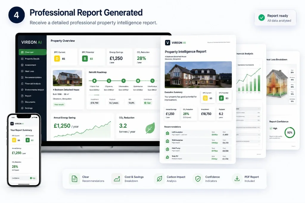 VIREON AI property intelligence platform showing desktop dashboard, floating professional report, mobile summary and supporting analytics panels