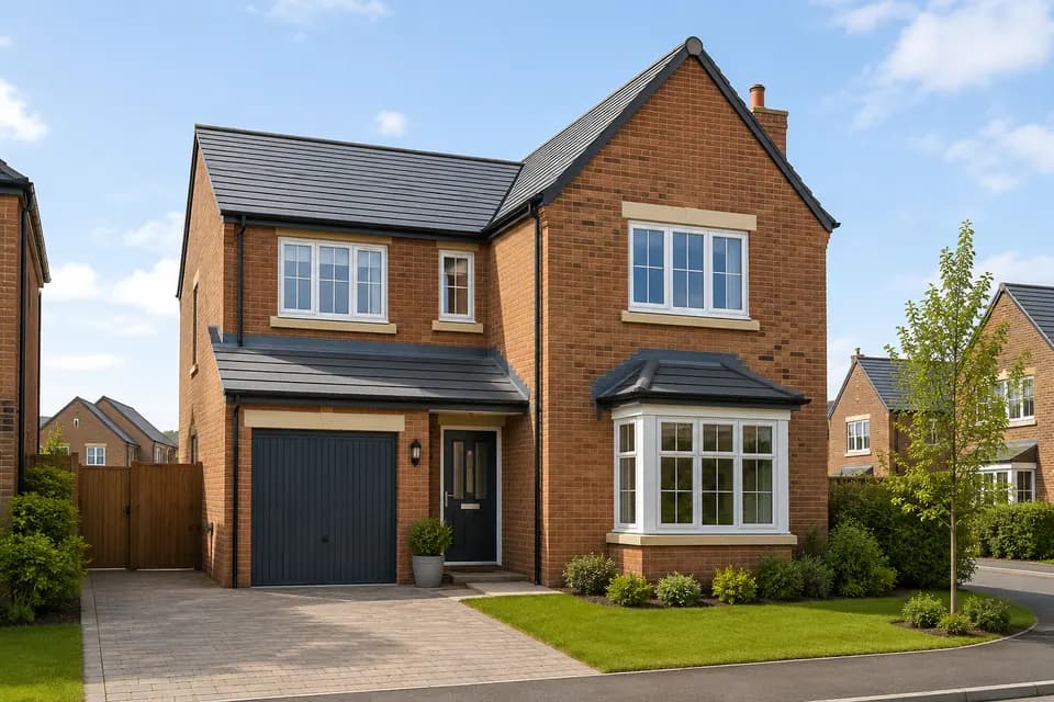 Modern UK detached house with brick facade, driveway and front garden