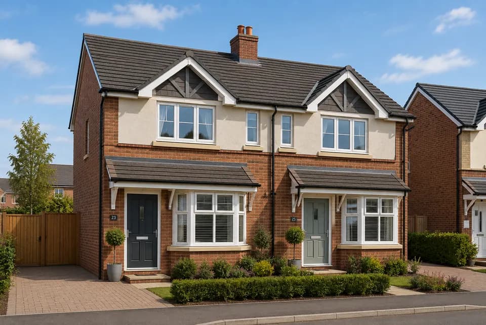 Pair of UK semi-detached houses with brick and render facade